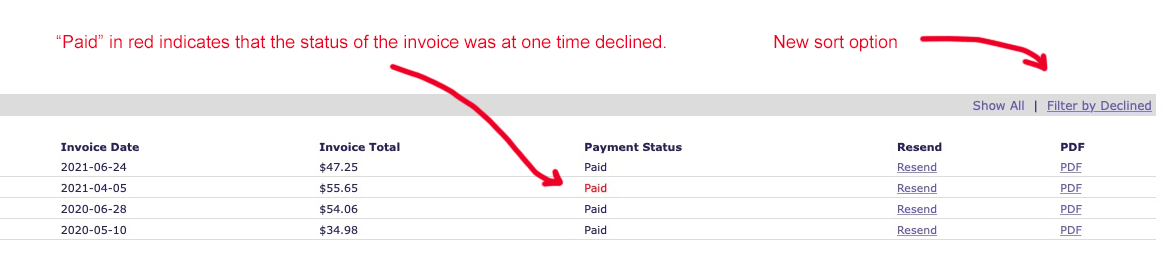 billing history sort options