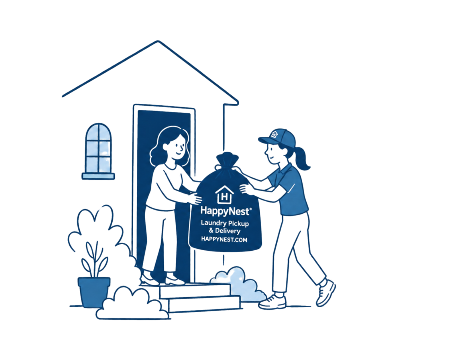 HappyNest driver handing laundry bag to customer at door